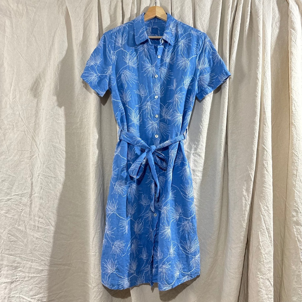 120% Lino Blue Embroidered Linen Shirt Dress Short Sleeve Midi IT 46/ US M/L